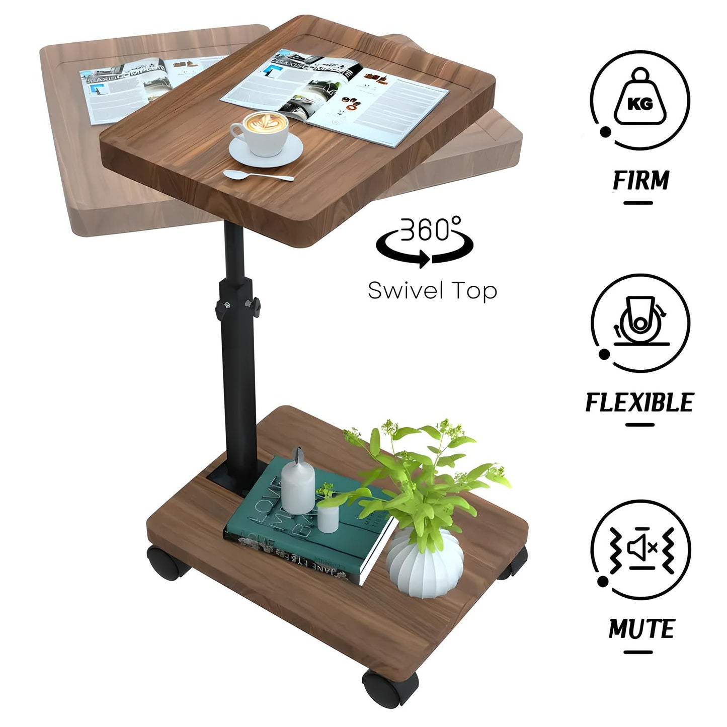 Adjustable Rolling Cart Overbed Bedside Table Laptop Desk Couch Side 360° Rotatable Sofa Tray Table Computer Desk Home Food Tray