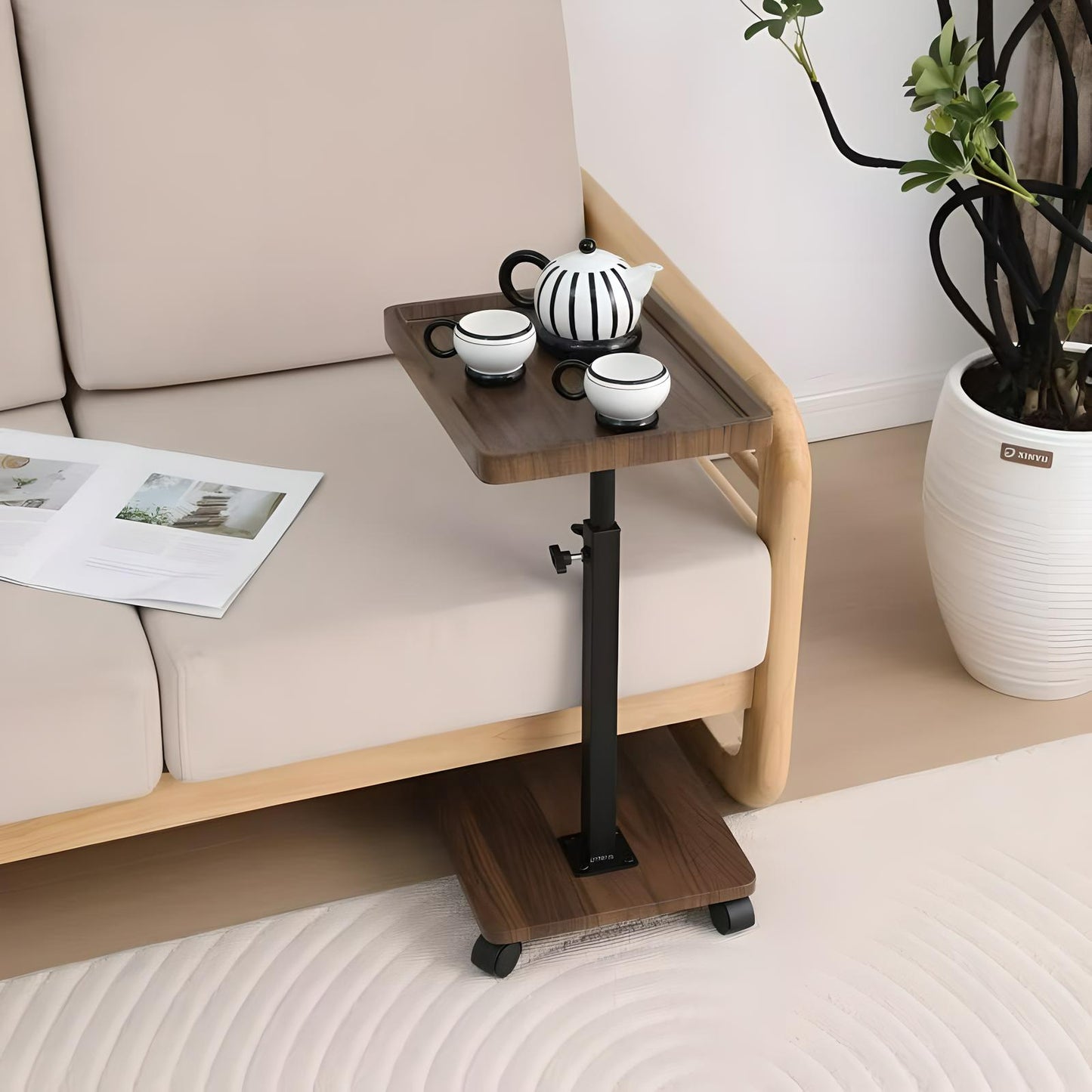 Adjustable Rolling Cart Overbed Bedside Table Laptop Desk Couch Side 360° Rotatable Sofa Tray Table Computer Desk Home Food Tray