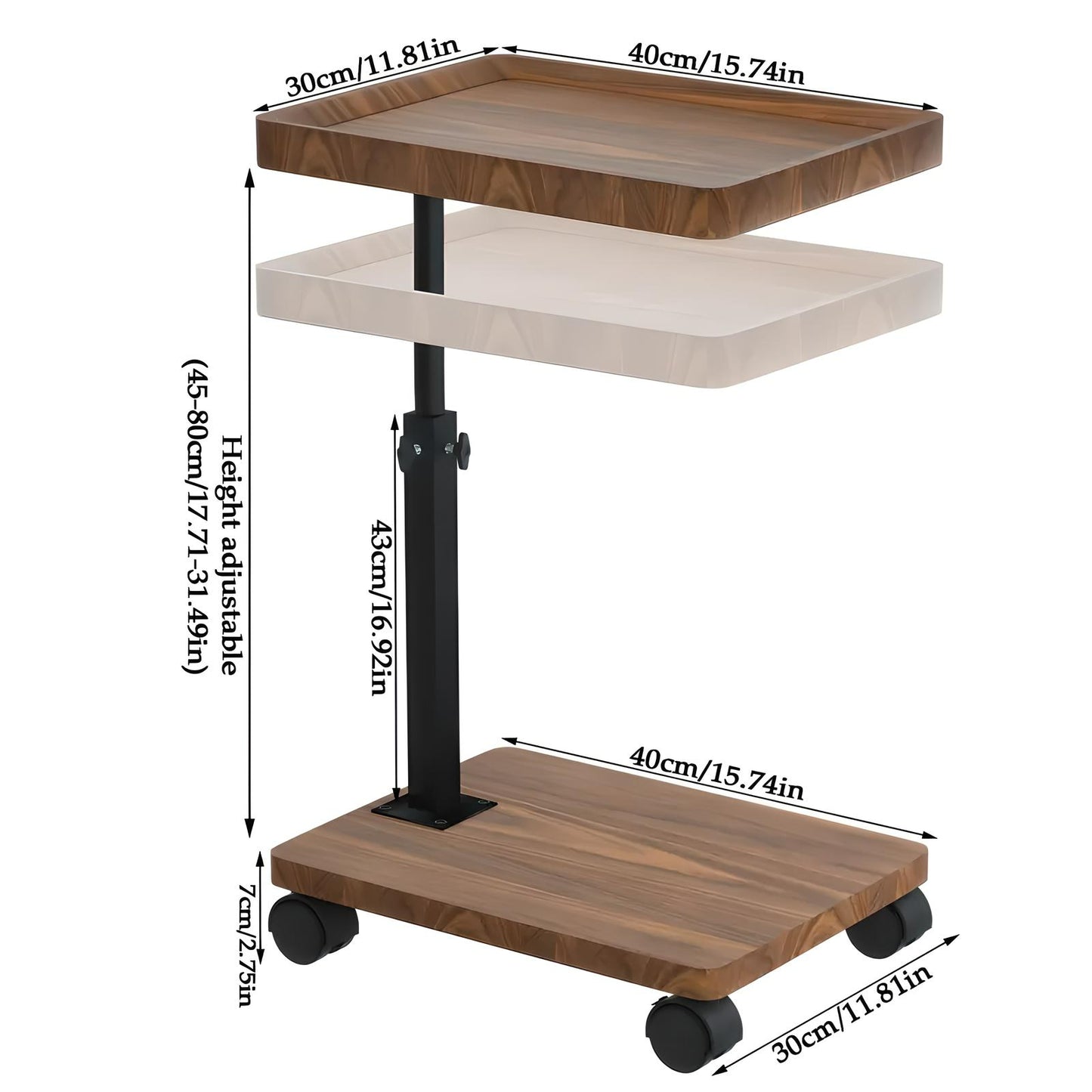 Adjustable Rolling Cart Overbed Bedside Table Laptop Desk Couch Side 360° Rotatable Sofa Tray Table Computer Desk Home Food Tray