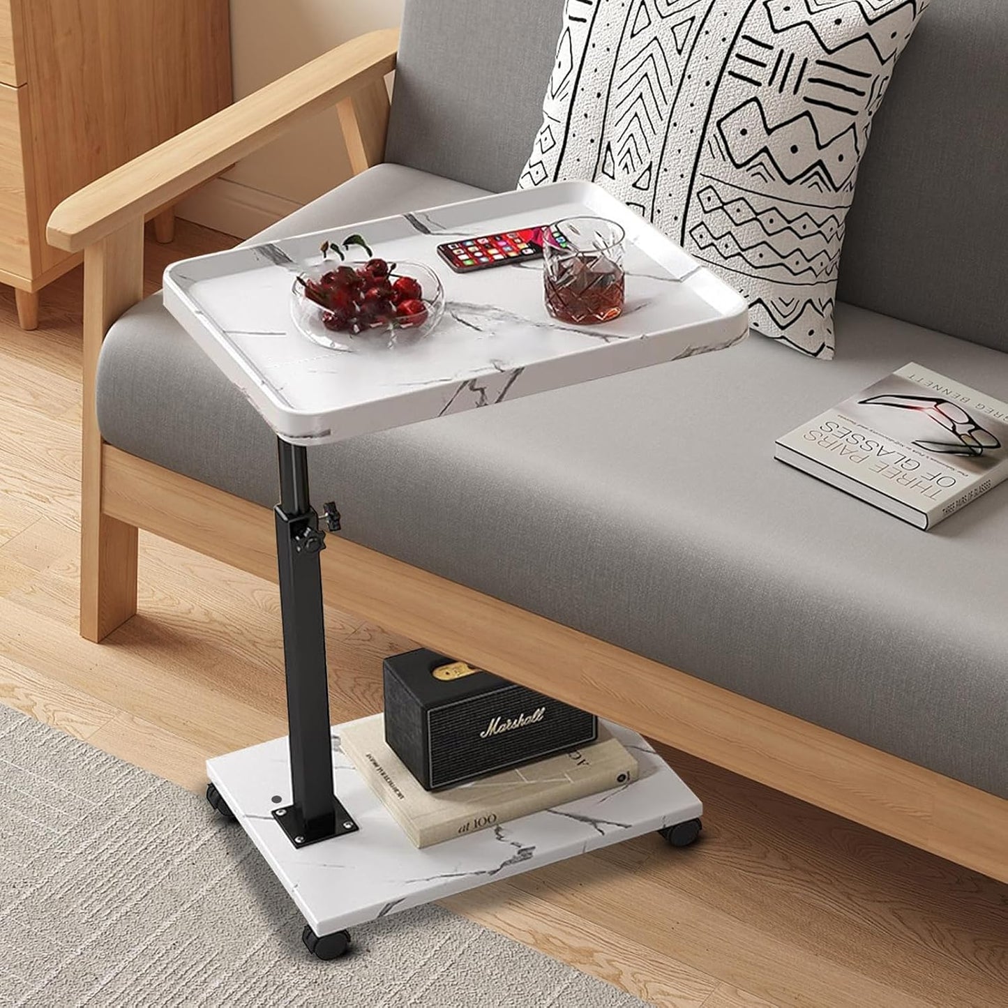 Adjustable Rolling Cart Overbed Bedside Table Laptop Desk Couch Side 360° Rotatable Sofa Tray Table Computer Desk Home Food Tray