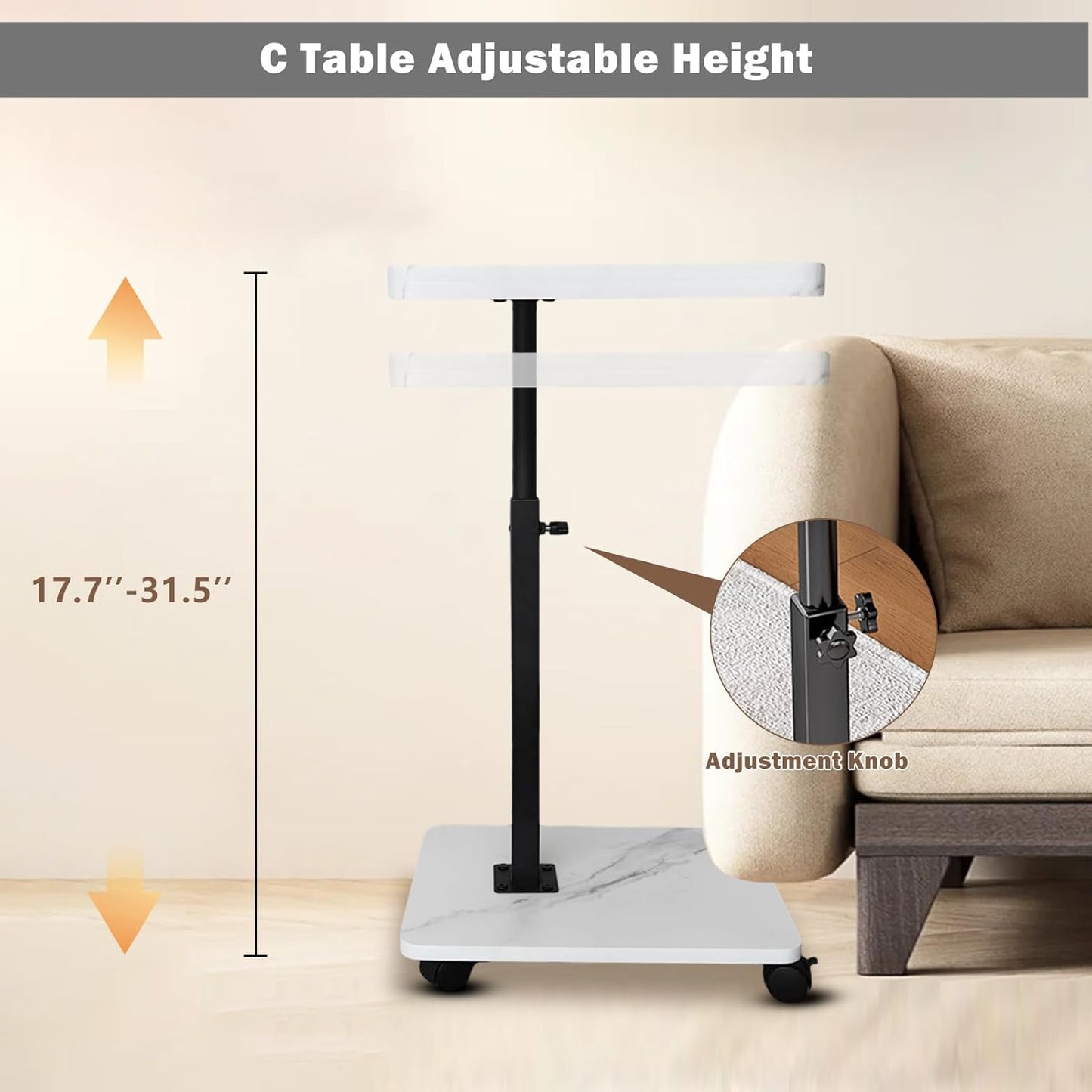 Adjustable Rolling Cart Overbed Bedside Table Laptop Desk Couch Side 360° Rotatable Sofa Tray Table Computer Desk Home Food Tray