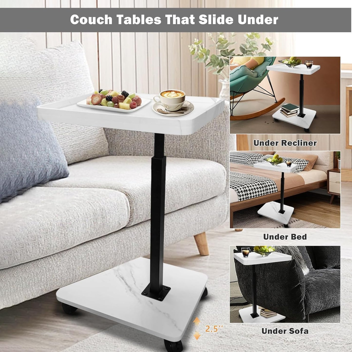 Adjustable Rolling Cart Overbed Bedside Table Laptop Desk Couch Side 360° Rotatable Sofa Tray Table Computer Desk Home Food Tray