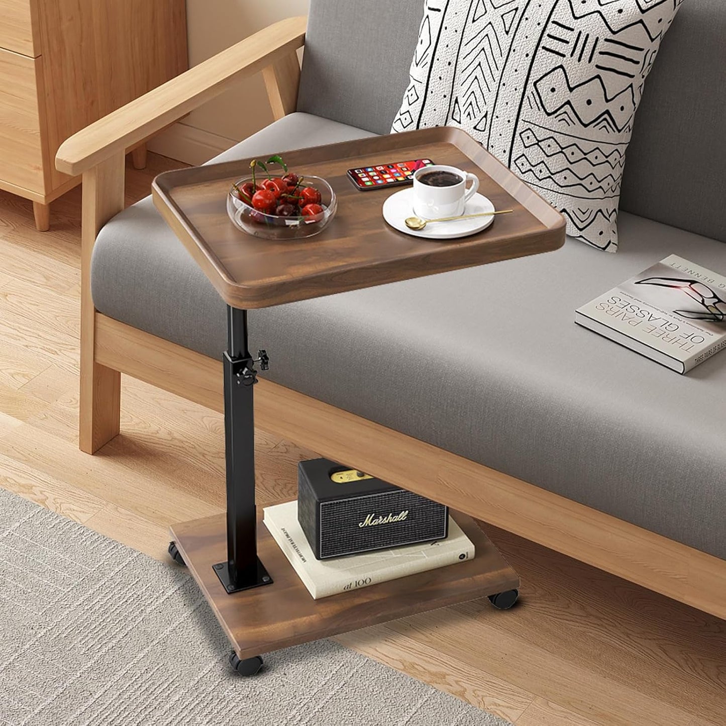 Adjustable Rolling Cart Overbed Bedside Table Laptop Desk Couch Side 360° Rotatable Sofa Tray Table Computer Desk Home Food Tray