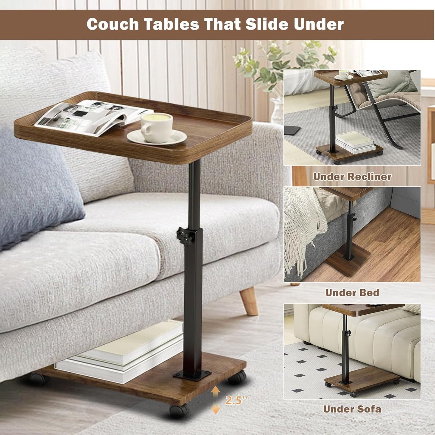 Adjustable Rolling Cart Overbed Bedside Table Laptop Desk Couch Side 360° Rotatable Sofa Tray Table Computer Desk Home Food Tray