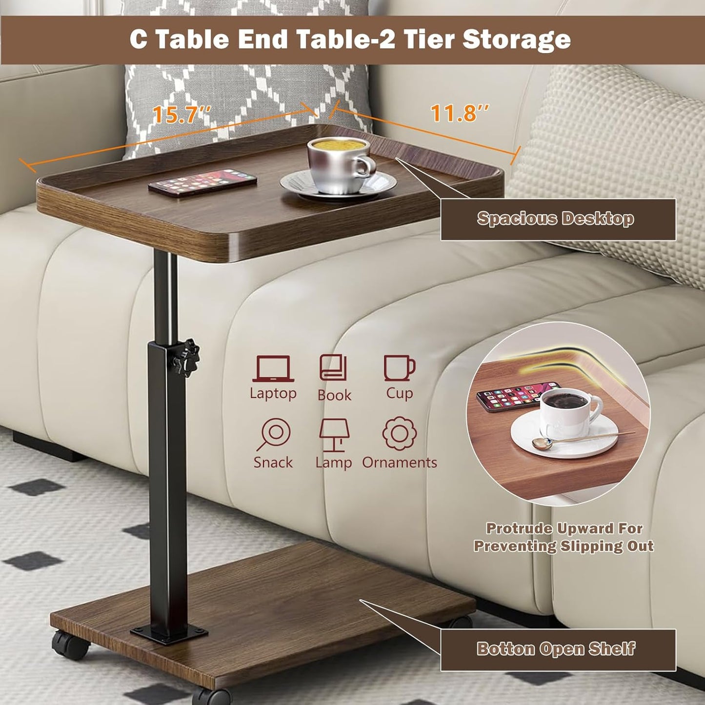 Adjustable Rolling Cart Overbed Bedside Table Laptop Desk Couch Side 360° Rotatable Sofa Tray Table Computer Desk Home Food Tray