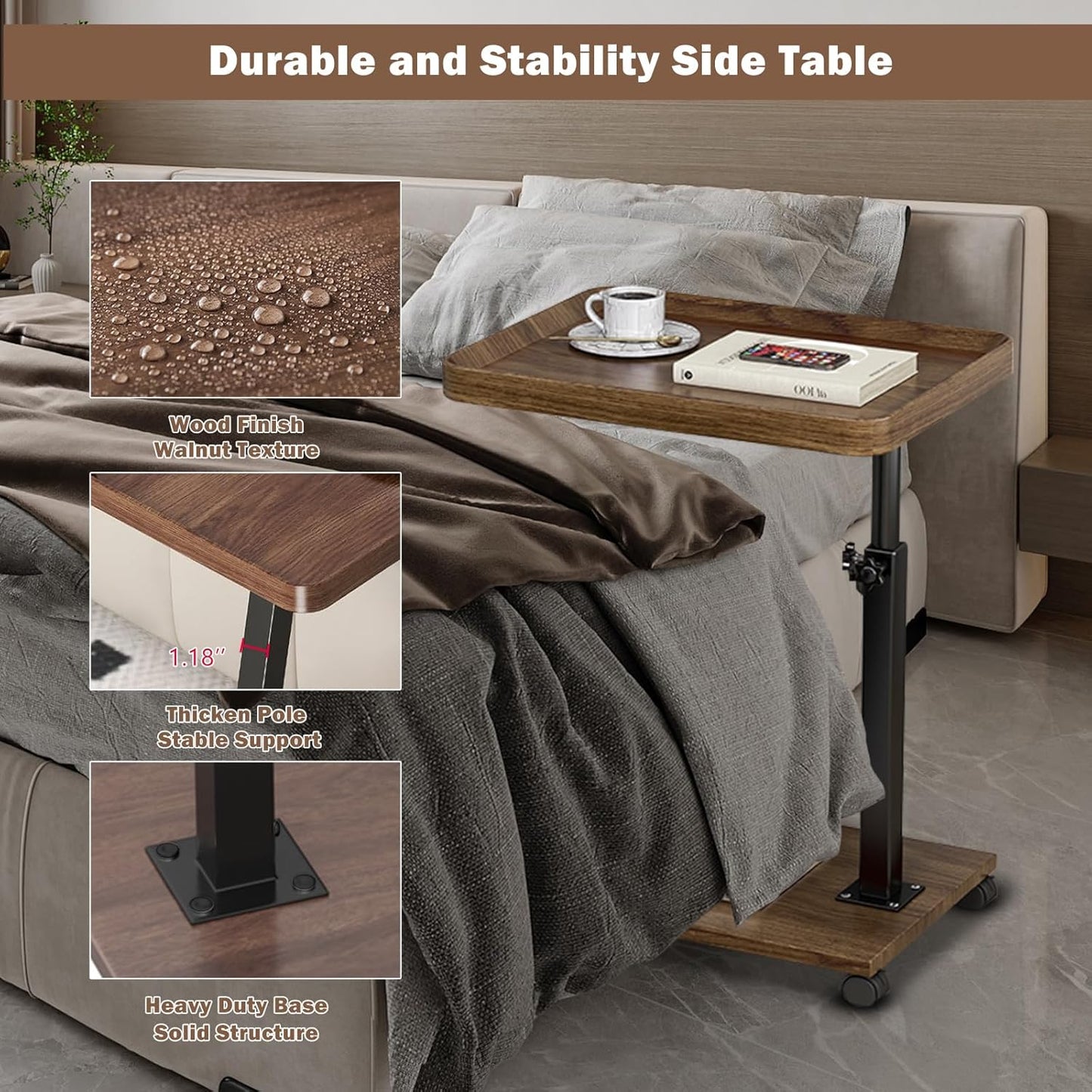 Adjustable Rolling Cart Overbed Bedside Table Laptop Desk Couch Side 360° Rotatable Sofa Tray Table Computer Desk Home Food Tray