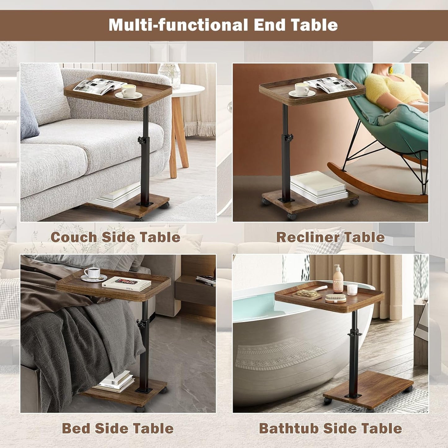 Adjustable Rolling Cart Overbed Bedside Table Laptop Desk Couch Side 360° Rotatable Sofa Tray Table Computer Desk Home Food Tray