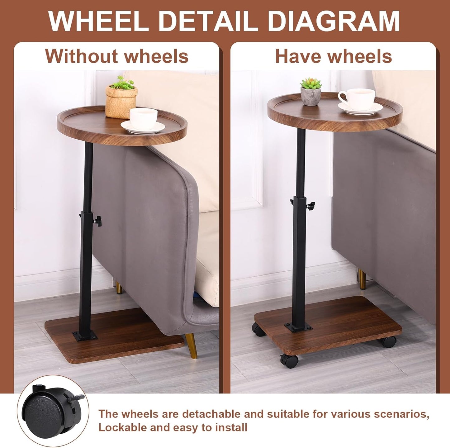 Adjustable Rolling Cart Overbed Bedside Table Laptop Desk Couch Side 360° Rotatable Sofa Tray Table Computer Desk Home Food Tray
