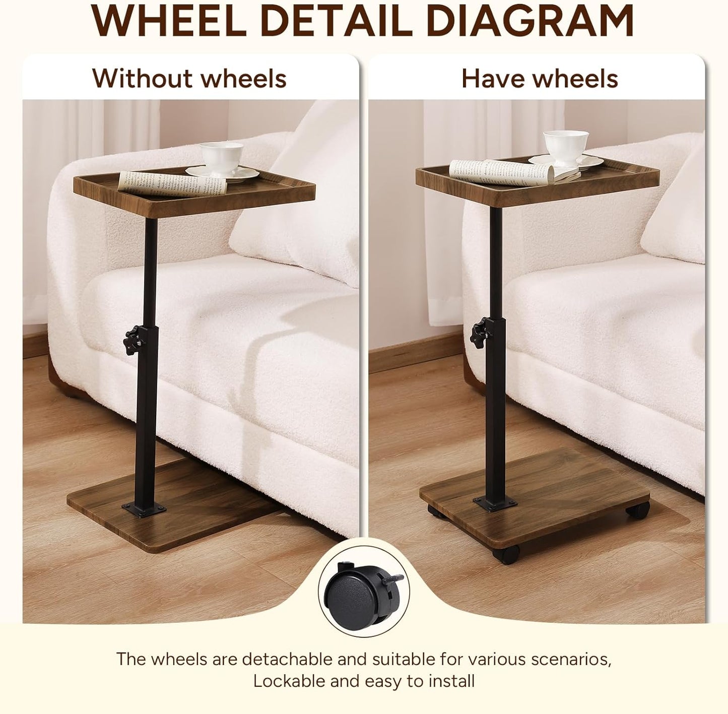 Adjustable Rolling Cart Overbed Bedside Table Laptop Desk Couch Side 360° Rotatable Sofa Tray Table Computer Desk Home Food Tray