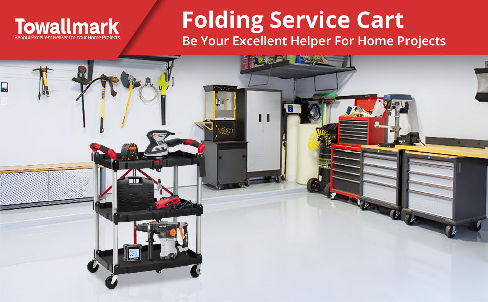Portable Folding Service Cart, 3 Tier Folding Utility Cart , Collapsible Utility Carts for Office, Warehouse, and Home Kitchen