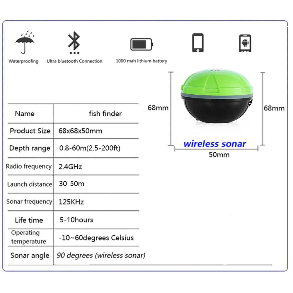 Wireless Bluetooth Smart Sonar Fish Finder 48m/160ft
