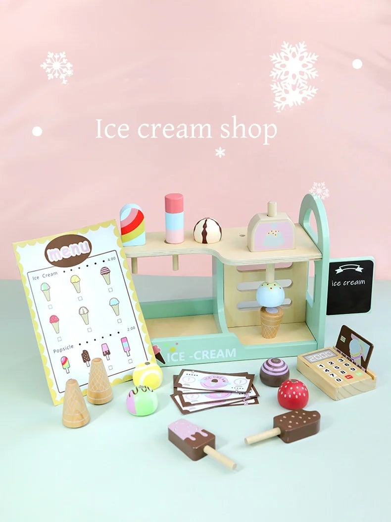 Ice Cream Counter Playset For Kids Montessori Pretend Play Food Toys Kitchen Accessories With Coin Role Play For Kids Girls Boys