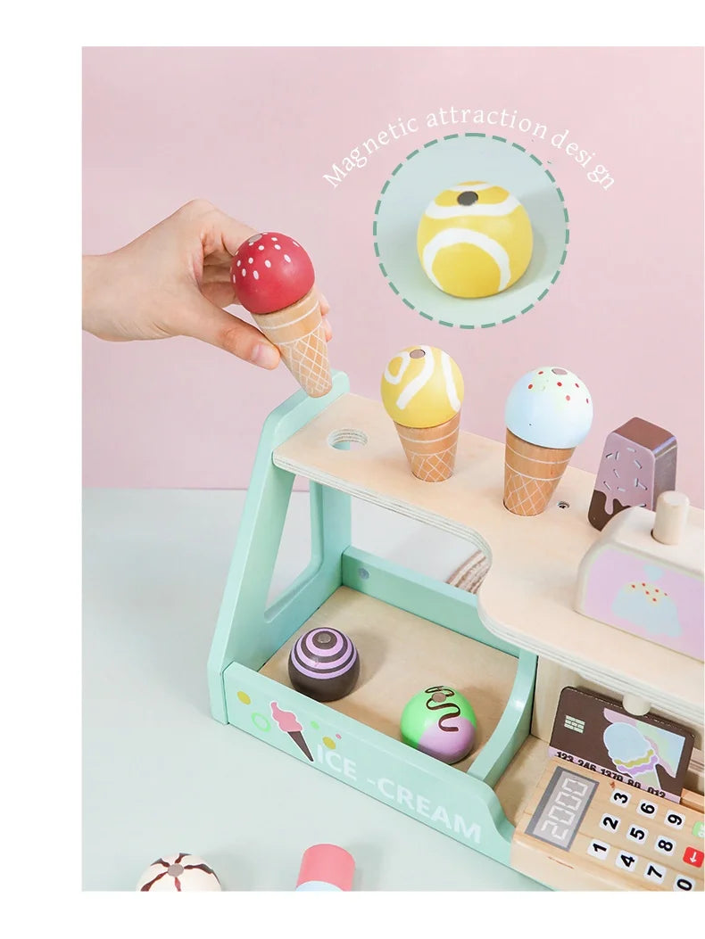 Ice Cream Counter Playset For Kids Montessori Pretend Play Food Toys Kitchen Accessories With Coin Role Play For Kids Girls Boys