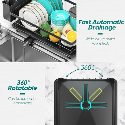 2Tier Dish Drainer Rack Space-Saving Dish Rack with Swivel Drainage Large Capacity Drainboard Utensil Holder Plates Cups Cutlery