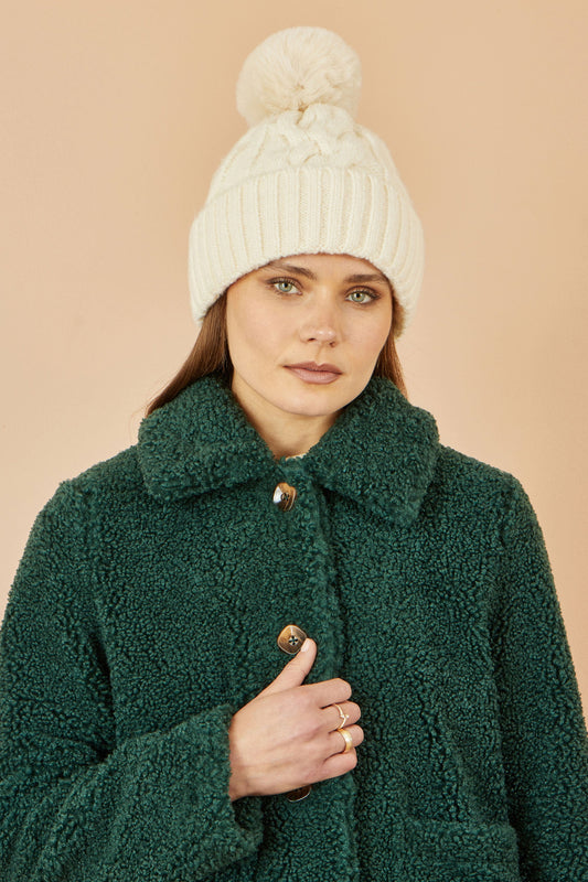 Yumi White Cable Knit Bobble Hat