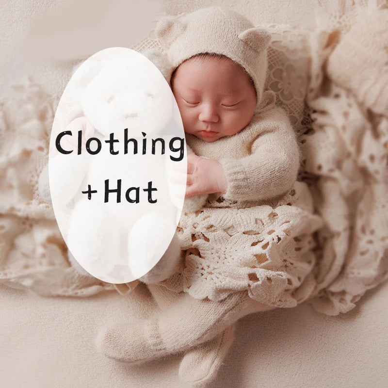 KD Newborn Photography Outfit INS White Bear Set Knitted Hat Long Sleeve Jumpsuit Baby Shoot Clothing Cute Bear Doll Photo Props