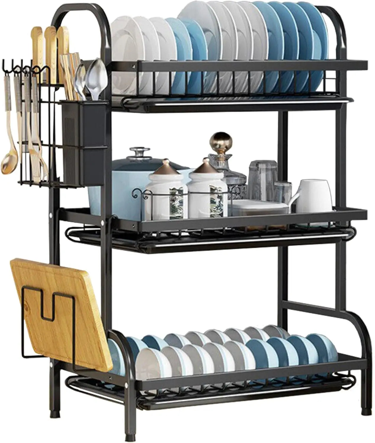3 Tier Dish Drying Rack Drain Board Set Tableware Drainer Kitchen Countertop Storage Rack Cup Holder Knife and Fork Holder Uk