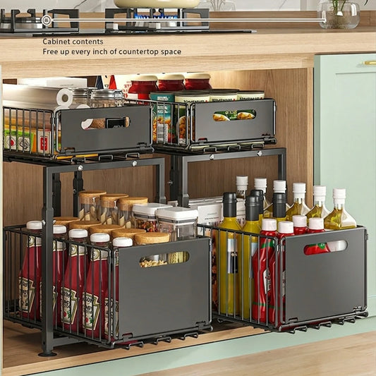 2 Tier Under Sink Organiser Adjustable Height Pull Out Basket Sliding Cabinet Storage Rack for Kitchen Bathroom Pantry