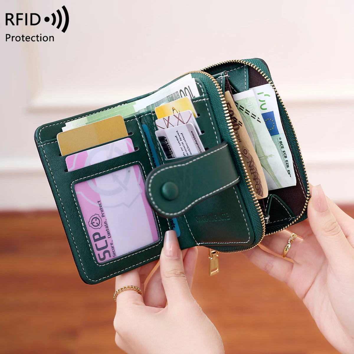 RFID Blocking Women's Short Wallet, Multifunctional Multi Card Slot Card Holder, Fashionable Retro Buckle Coin Purse