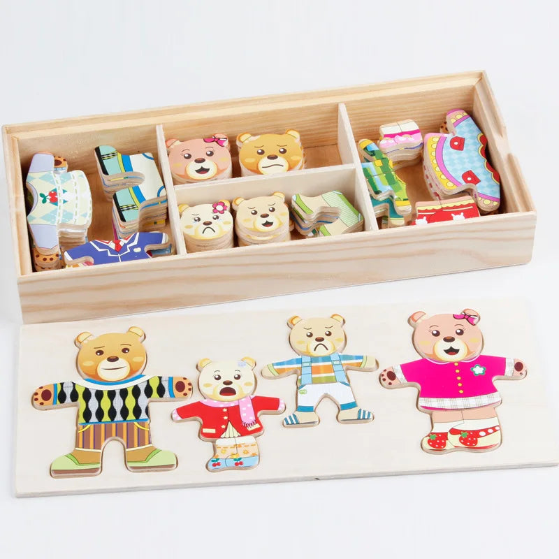 QWZ Little Bear Wooden Jigsaw Puzzle Dressing Game