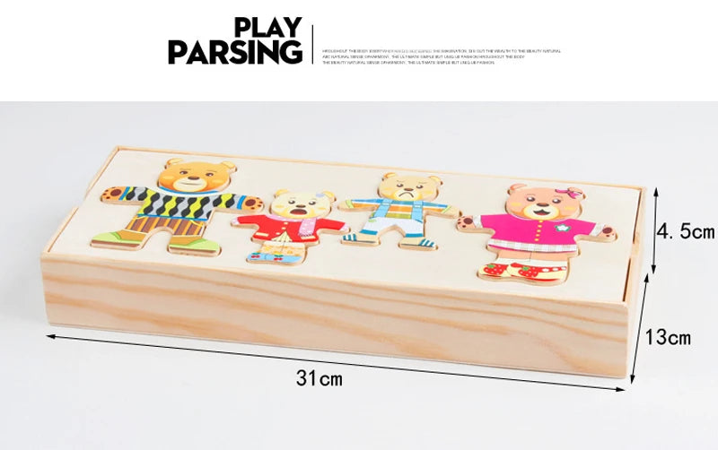 QWZ Little Bear Wooden Jigsaw Puzzle Dressing Game