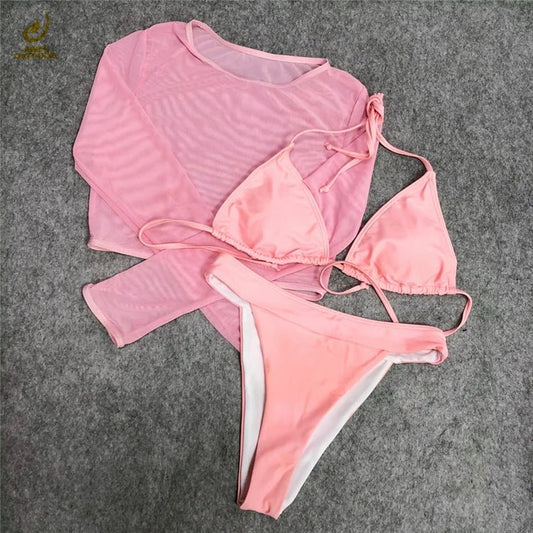 Three-Piece Plus Size Swimwear Set with Long-Sleeve Cover-Up