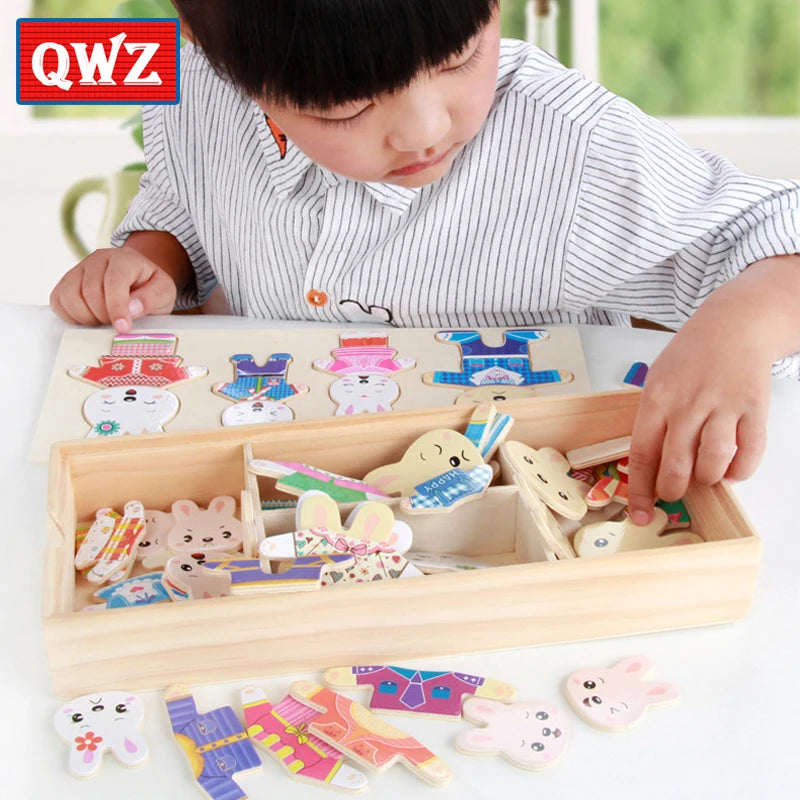 QWZ Little Bear Wooden Jigsaw Puzzle Dressing Game