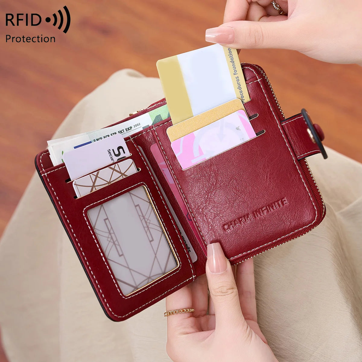 RFID Blocking Women's Short Wallet, Multifunctional Multi Card Slot Card Holder, Fashionable Retro Buckle Coin Purse