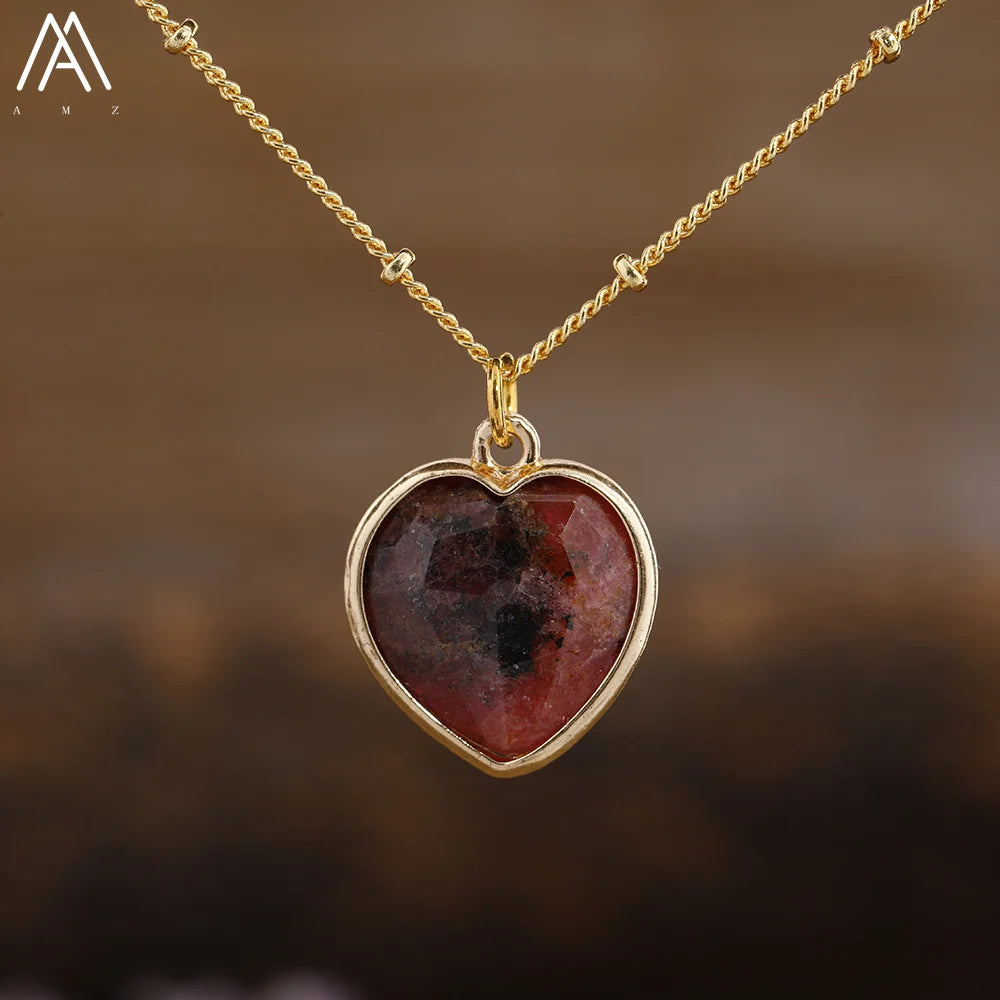 Natural Roses Quartz Heart Pendant Necklace For Women Elegant Romatic Gems Stone Necklace Jewelry Gifts Dropship
