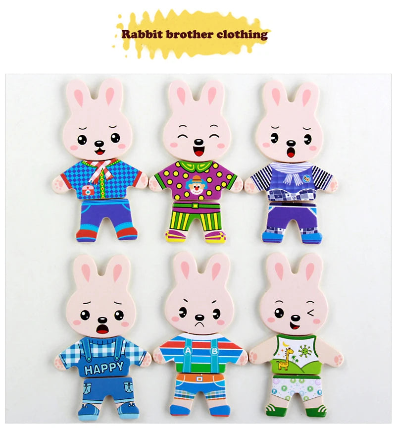 QWZ Little Bear Wooden Jigsaw Puzzle Dressing Game