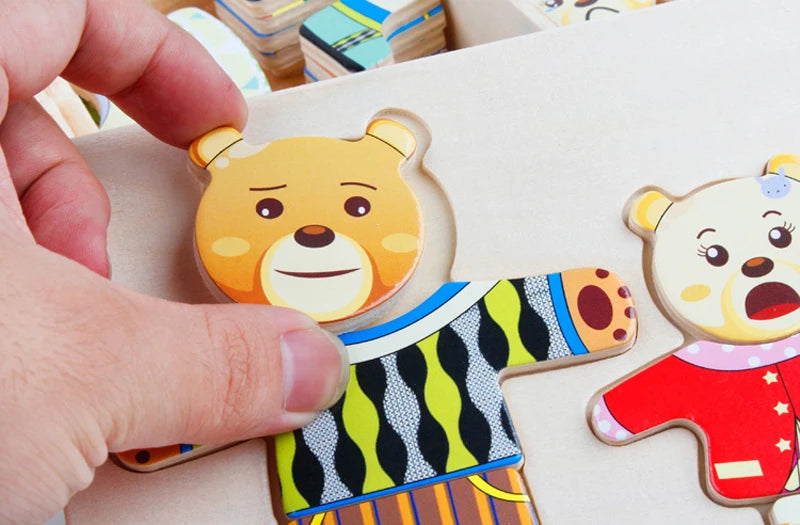 QWZ Little Bear Wooden Jigsaw Puzzle Dressing Game