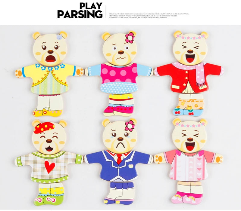 QWZ Little Bear Wooden Jigsaw Puzzle Dressing Game