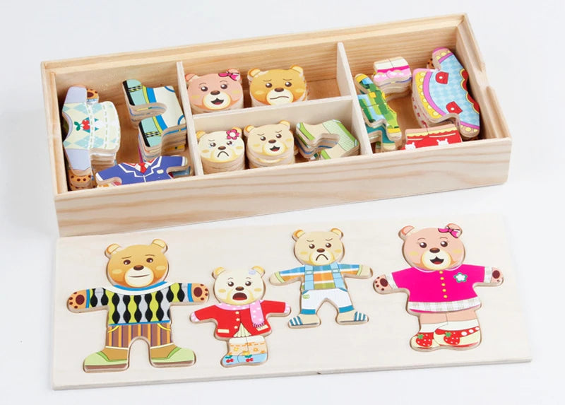 QWZ Little Bear Wooden Jigsaw Puzzle Dressing Game