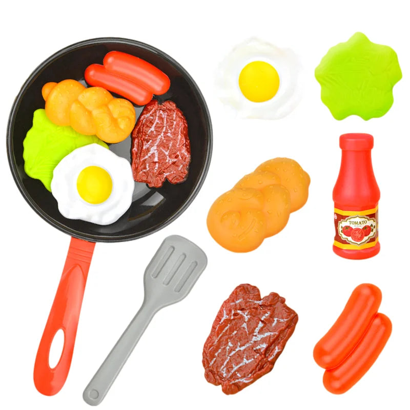 Children Kitchen Food Toys Simulation Frying Pan Vegetables Steak Bread Hot Dog Omelette Play Toy Set for Kids Girls Education
