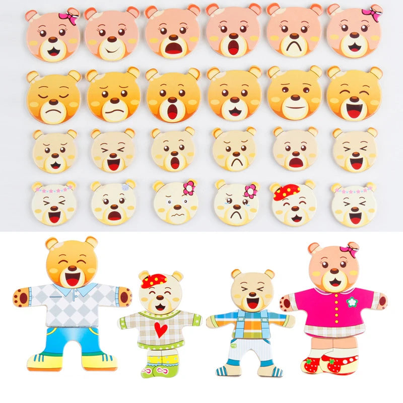 QWZ Little Bear Wooden Jigsaw Puzzle Dressing Game