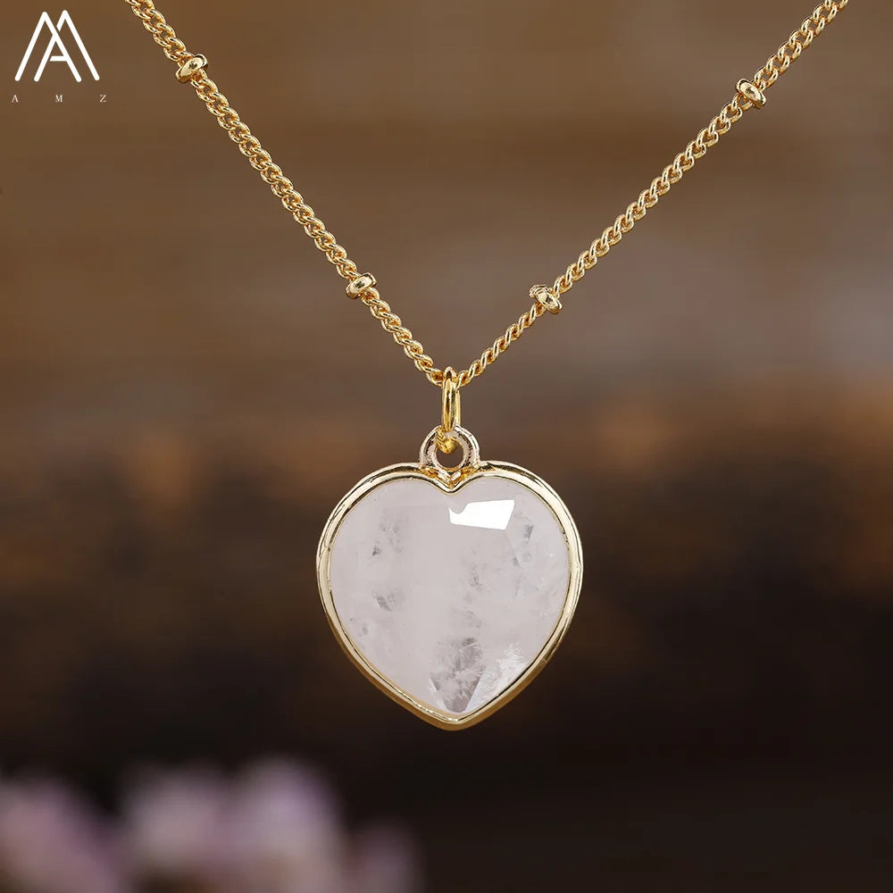 Natural Roses Quartz Heart Pendant Necklace For Women Elegant Romatic Gems Stone Necklace Jewelry Gifts Dropship