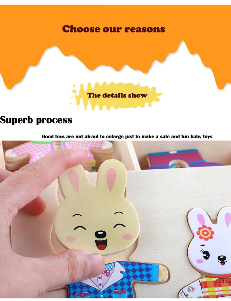 QWZ Little Bear Wooden Jigsaw Puzzle Dressing Game
