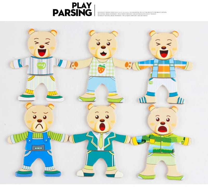 QWZ Little Bear Wooden Jigsaw Puzzle Dressing Game