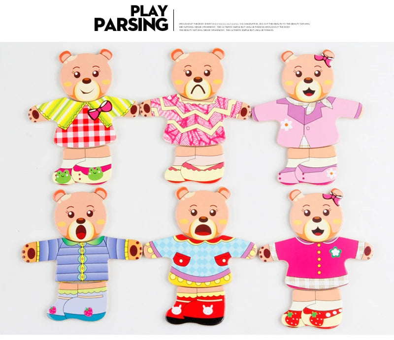 QWZ Little Bear Wooden Jigsaw Puzzle Dressing Game