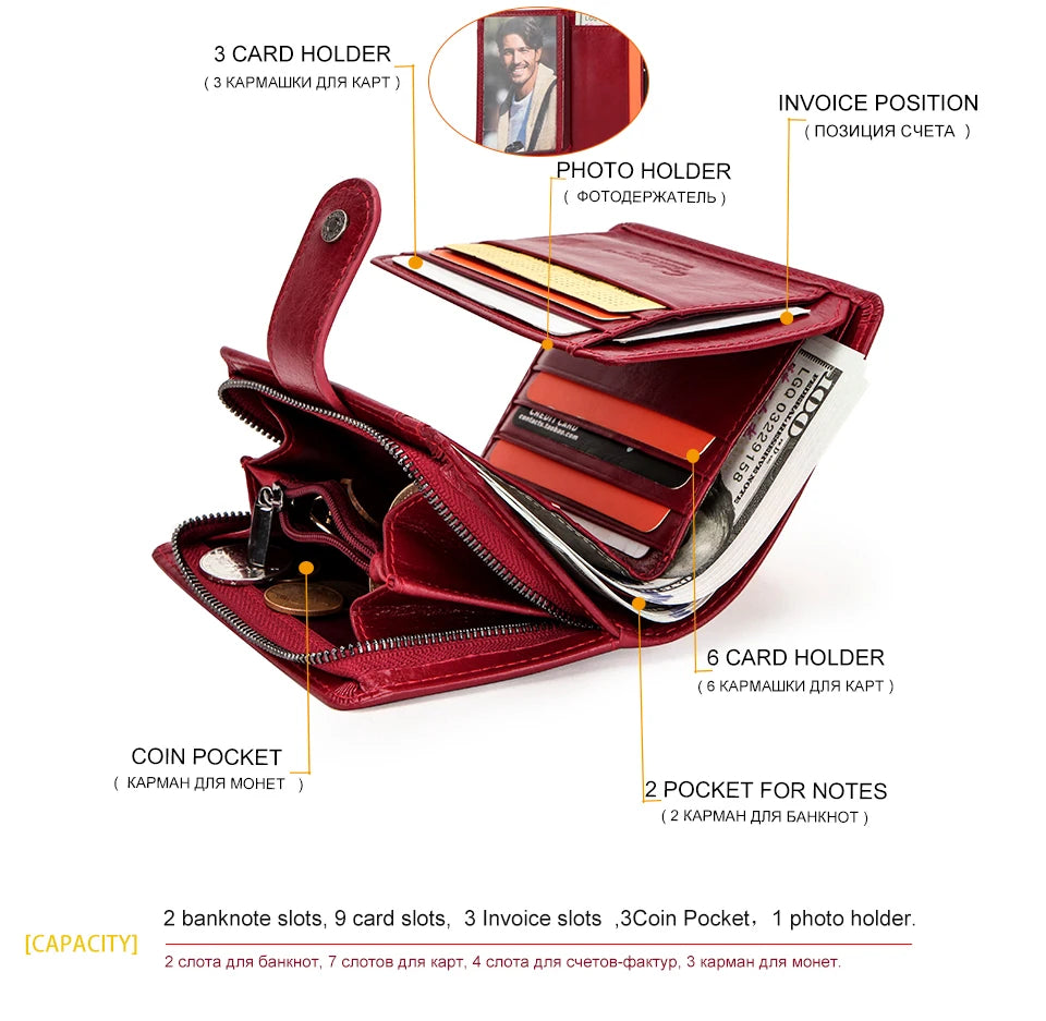Contact'S Genuine Leather Wallets Women Men Wallet Short Small RFID Blocking Card Holder Wallets Ladies Red Coin Purse