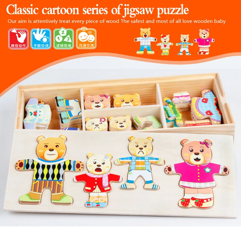 QWZ Little Bear Wooden Jigsaw Puzzle Dressing Game