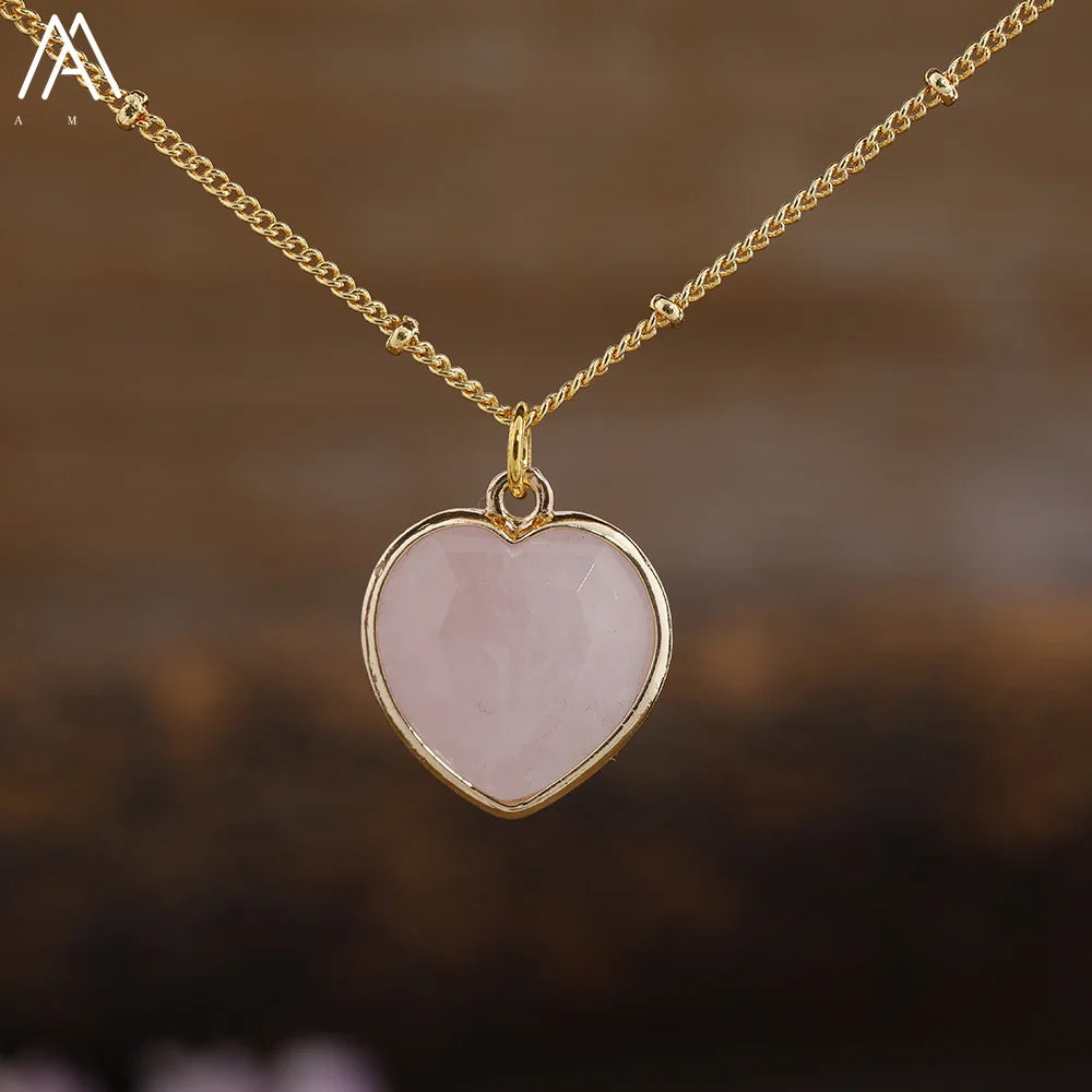 Natural Roses Quartz Heart Pendant Necklace For Women Elegant Romatic Gems Stone Necklace Jewelry Gifts Dropship