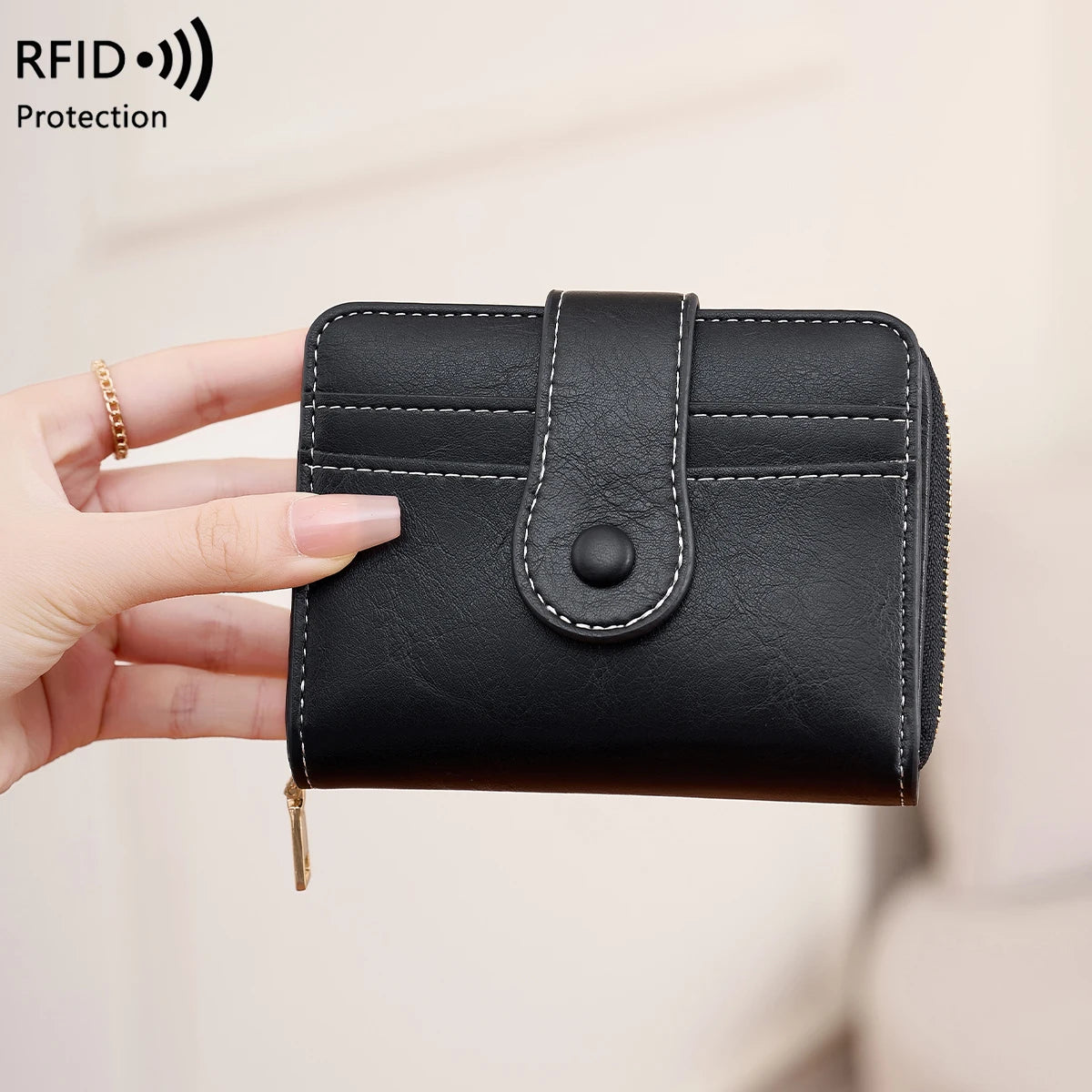 RFID Blocking Women's Short Wallet, Multifunctional Multi Card Slot Card Holder, Fashionable Retro Buckle Coin Purse