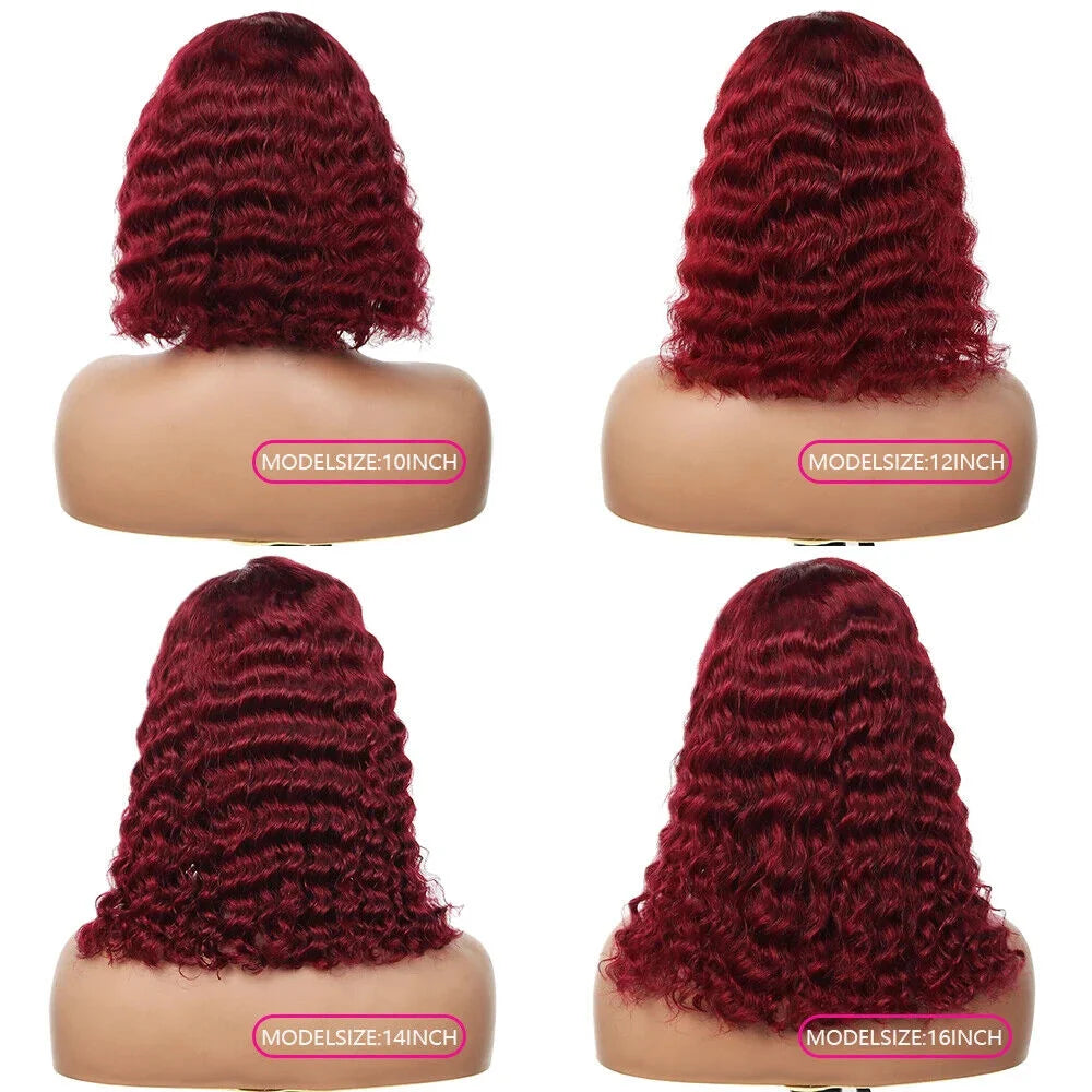 Burgundy 99J Short Deep Wave Bob Human Hair Wig 180% Density Natural Pre-Plucked Brazilian 4x4 Lace Closure Wigs for Black Women