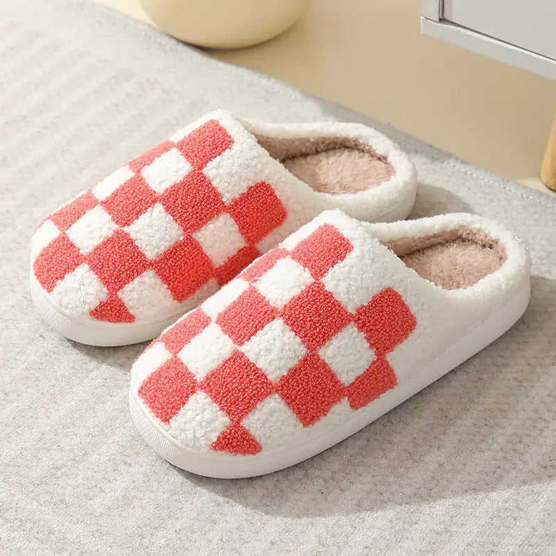 Winter Checkerboard Cotton Slippers – Indoor Comfort for Men & Women