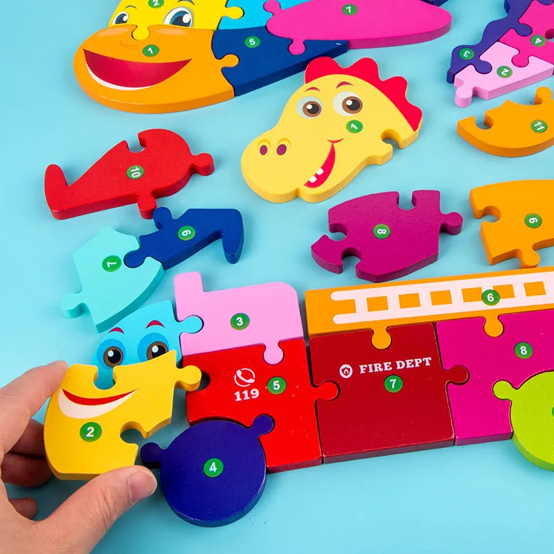 Rectangle Wooden Puzzle for Kids, Animals Vehicles Pattern Colorful Wood Numbered Puzzles For Toddlers