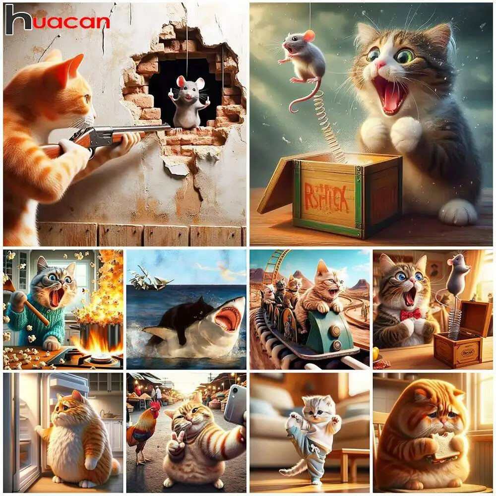 Huacan New Diamond Painting Cartoon Cat Full Diamond Mosaic Animal Complete Kit Diy Handmade Gift Funny Home Decor