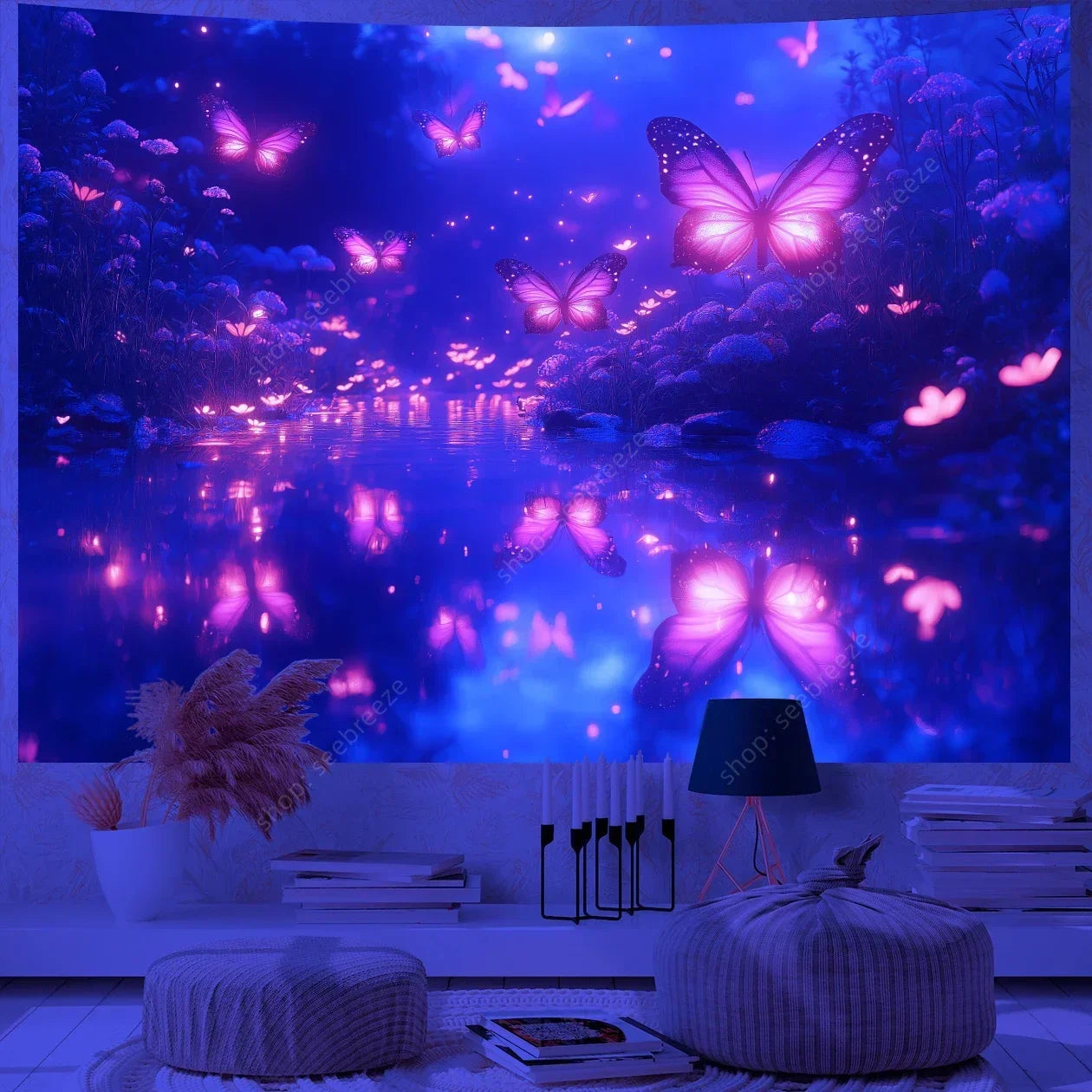 Butterfly Flower UV Reactive Tapestry Wall Hanging Hippie Boho Room Decor