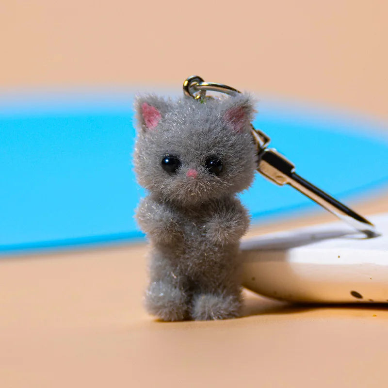 Cute Flocking Cat Keychain 3D Love Phone Pendant Headphone Case Charm Bag Decor Car Key Ring Jewelry Gift