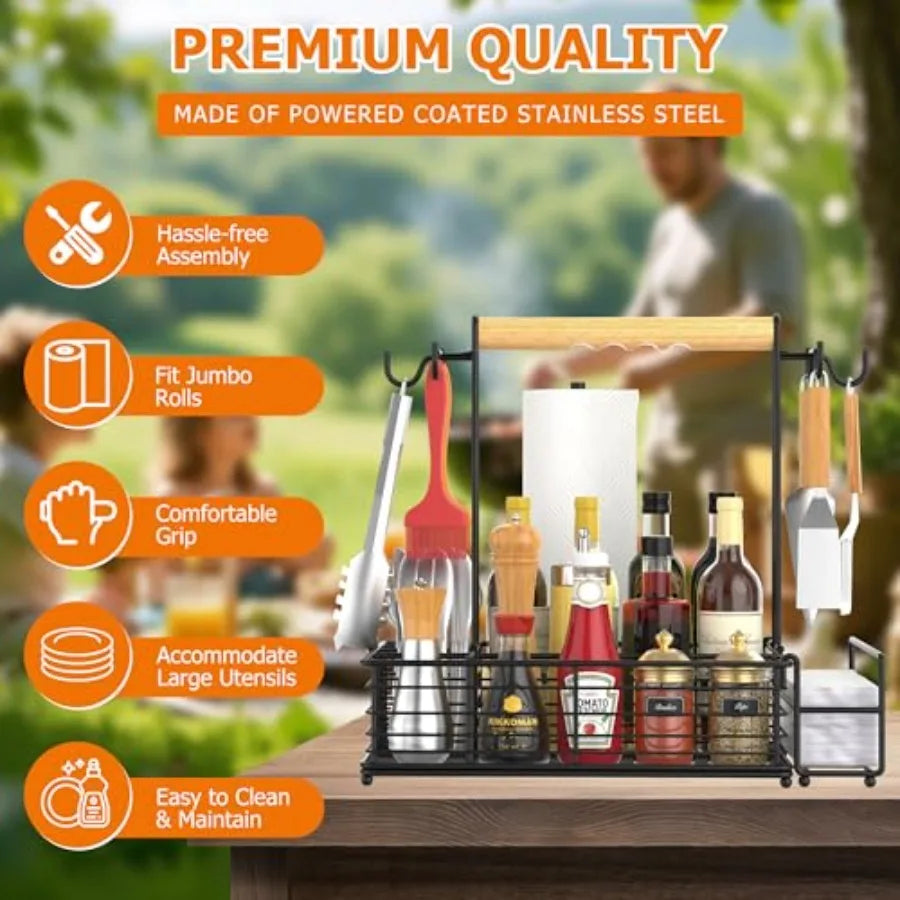 Large Grill Caddy with Paper Towel Holder Side Hooks Utensil Holder Wooden Handle Storage BBQ Tools for Picnic RV Patio Camping